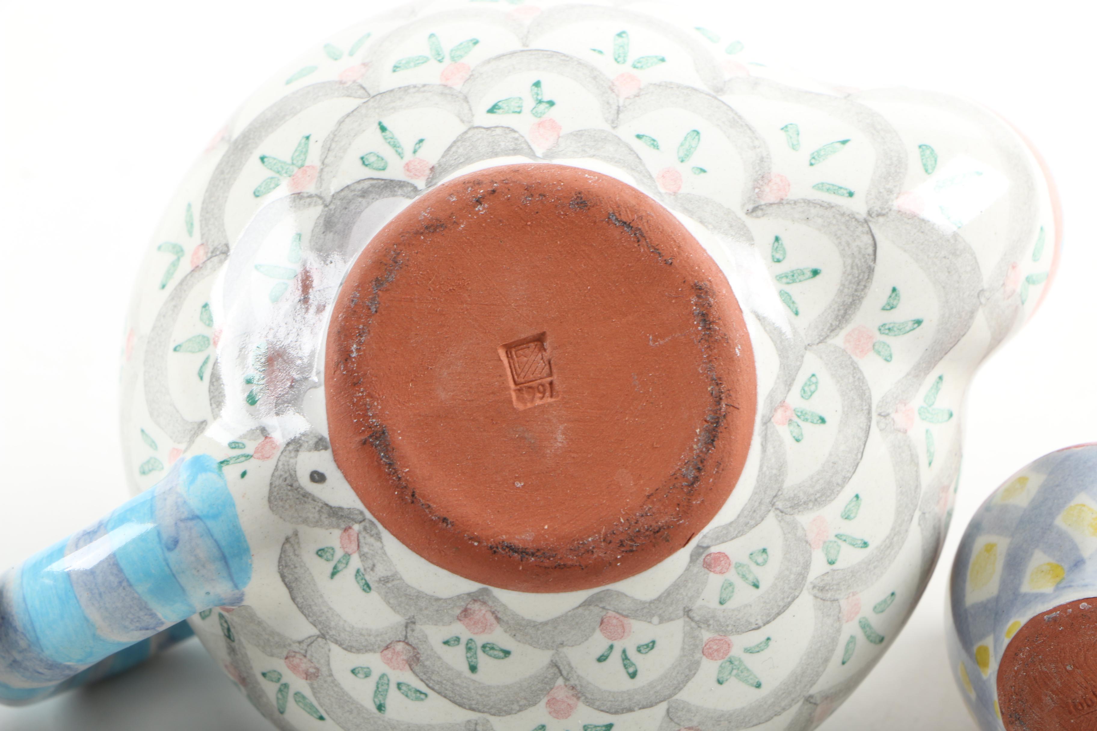 MacKenzie-Childs Ceramic Pitcher, Tea Set, and Portuguese Candle Holders