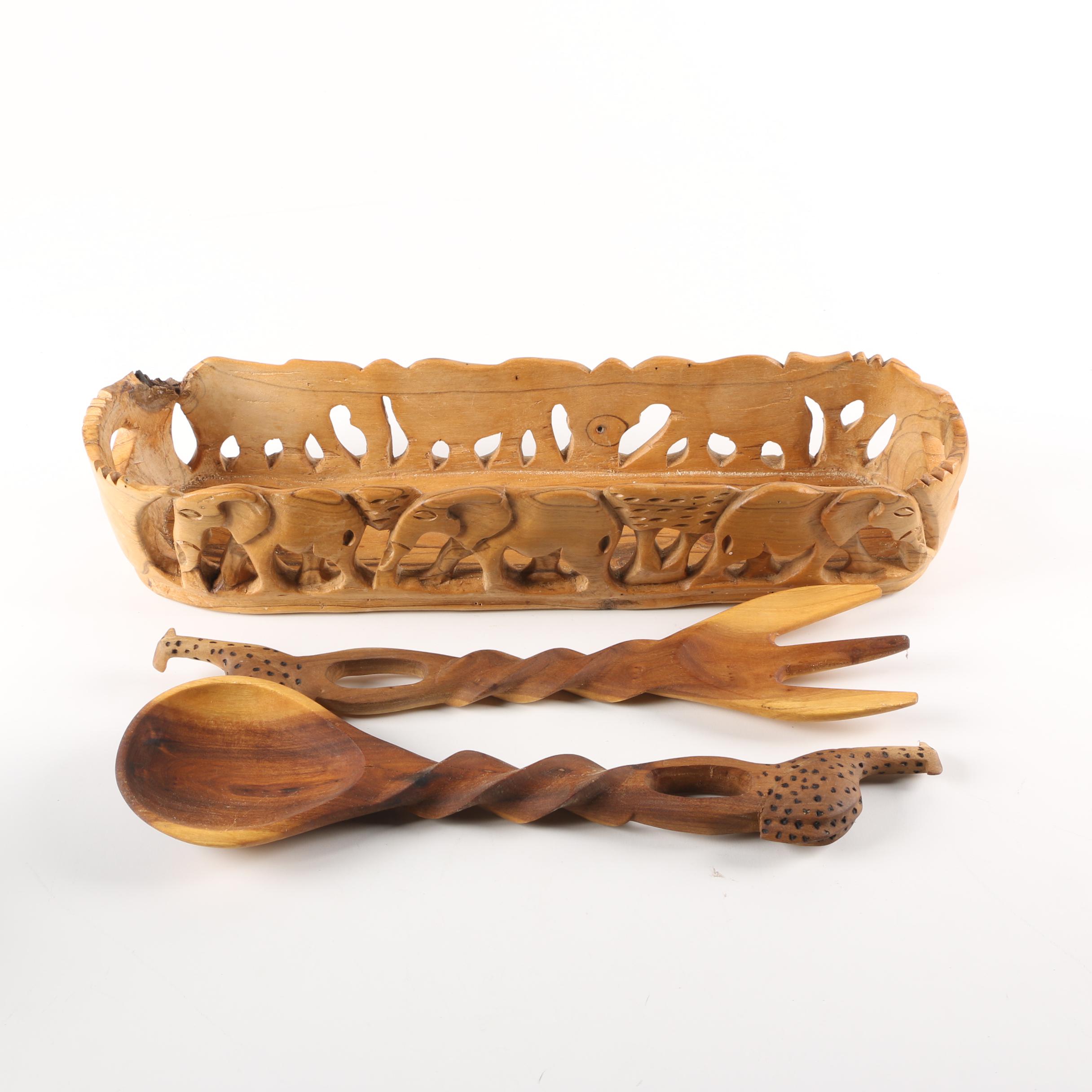 Animal Carved Wooden Bowl, Fork And Spoon