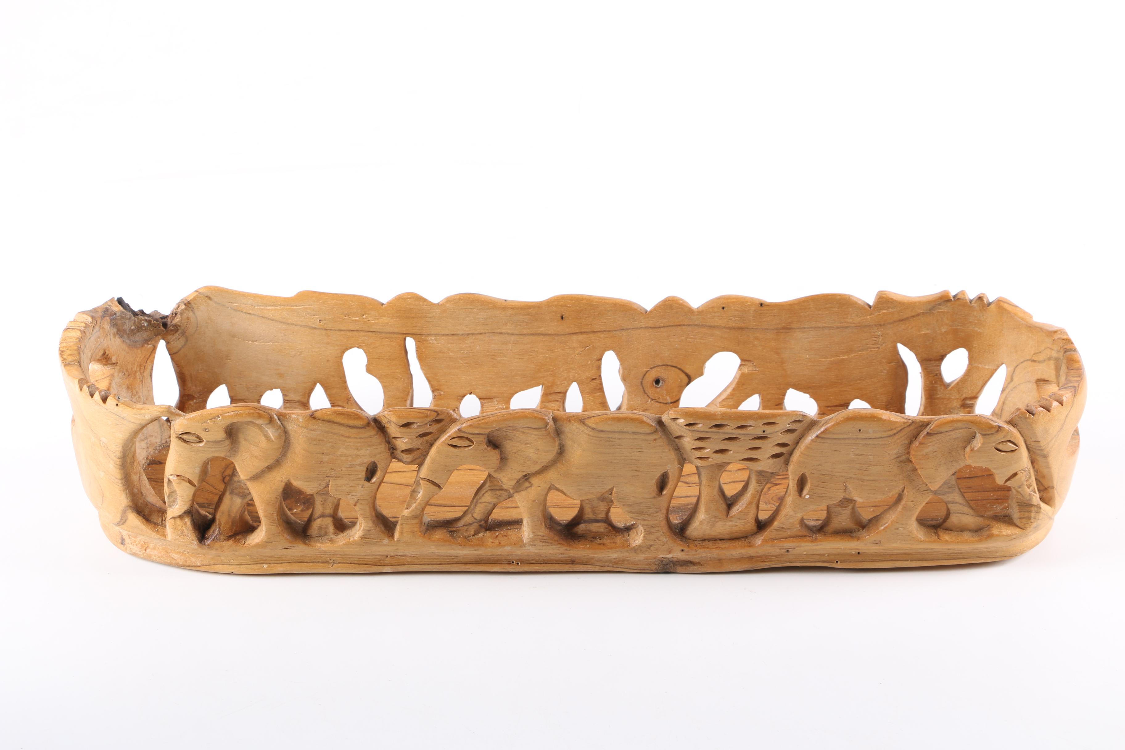 Animal Carved Wooden Bowl, Fork And Spoon