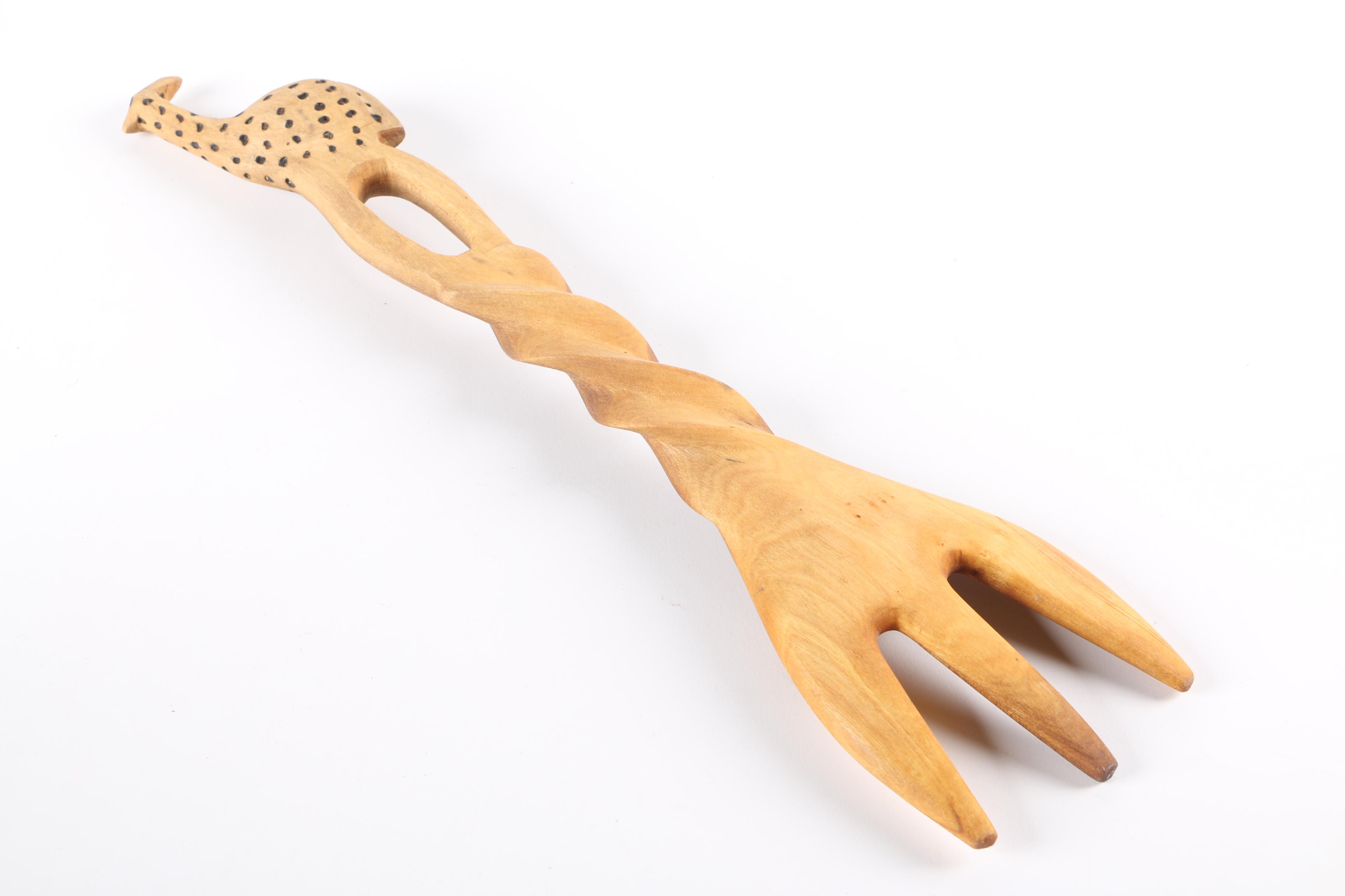Animal Carved Wooden Bowl, Fork And Spoon