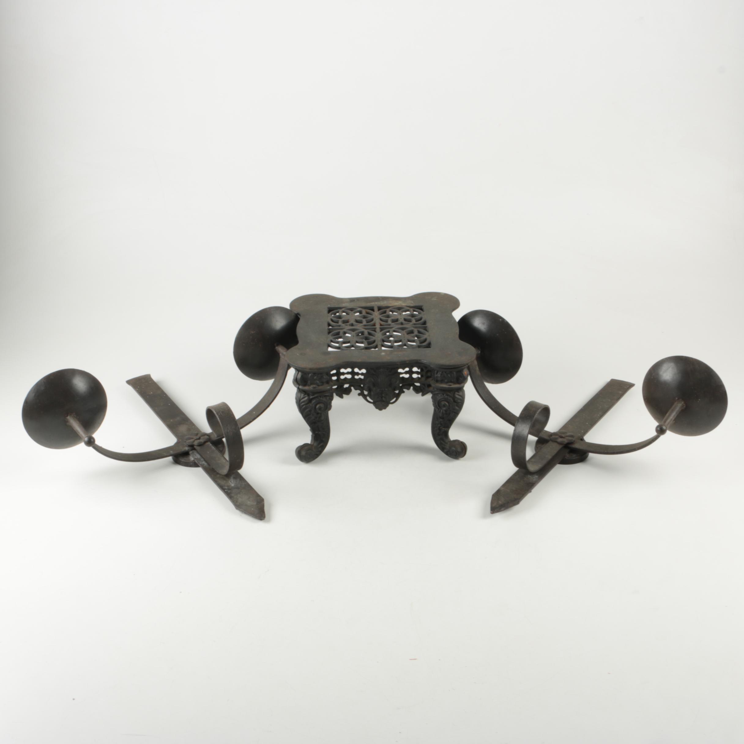 Wrought Metal Candle Sconces and Cast Metal Plant Stand