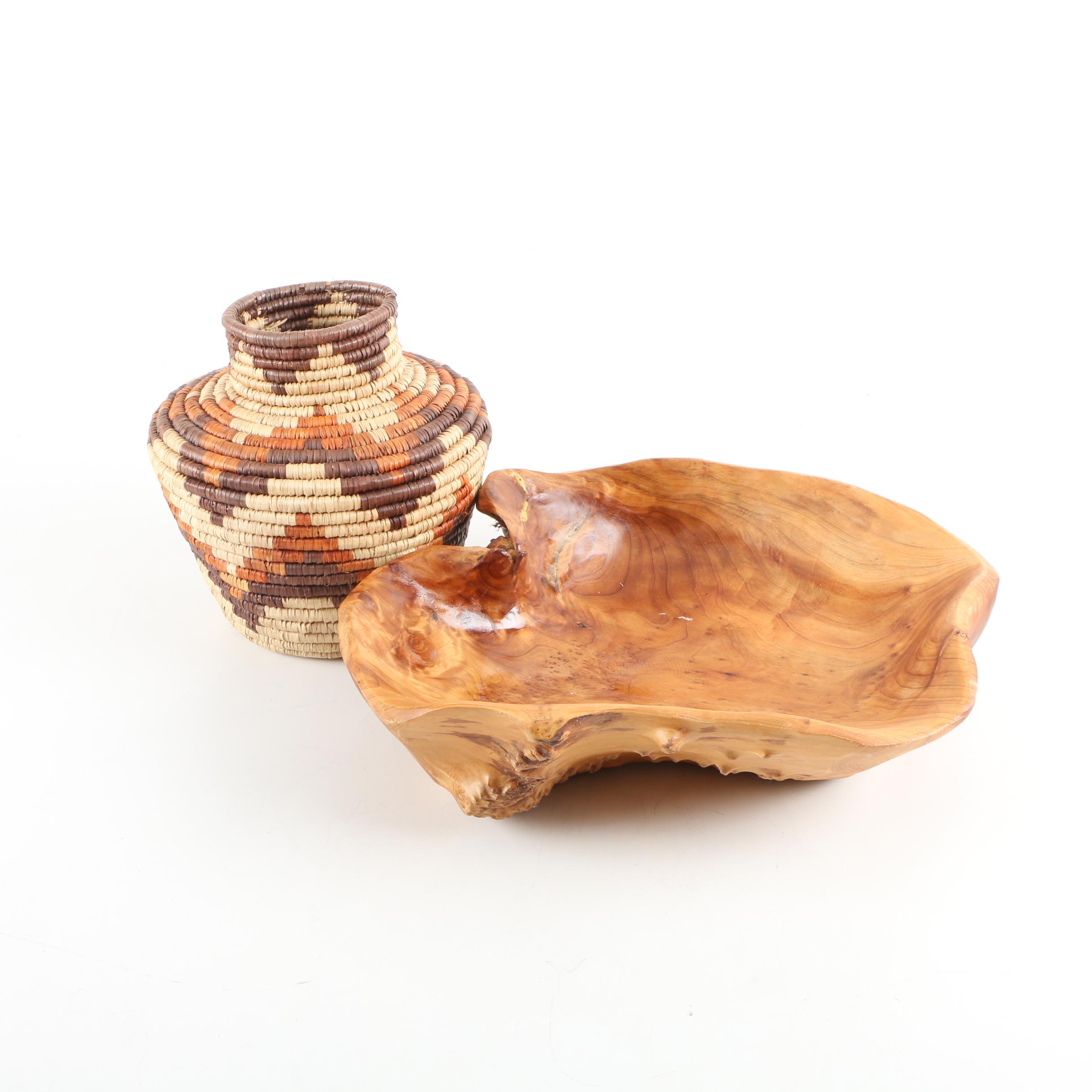 Burled Wood Bowl and Coiled Basket