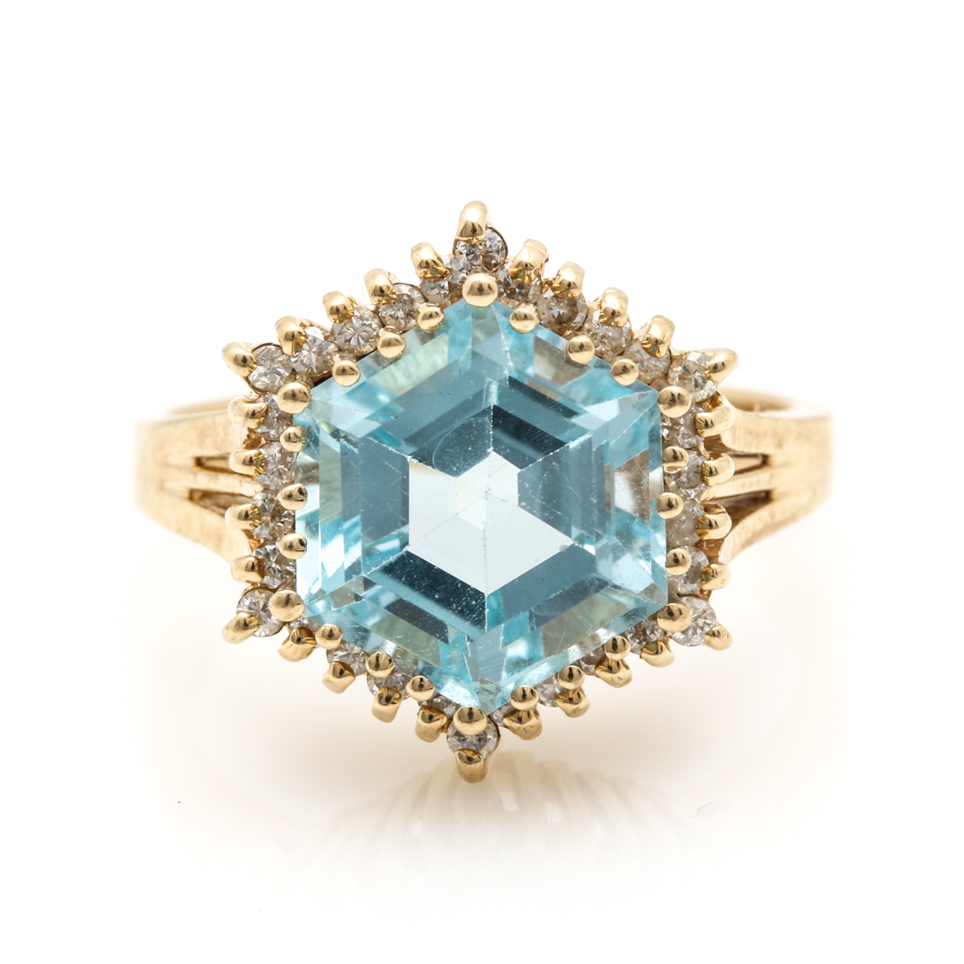 14K Yellow Gold Blue Topaz and Diamond Ring