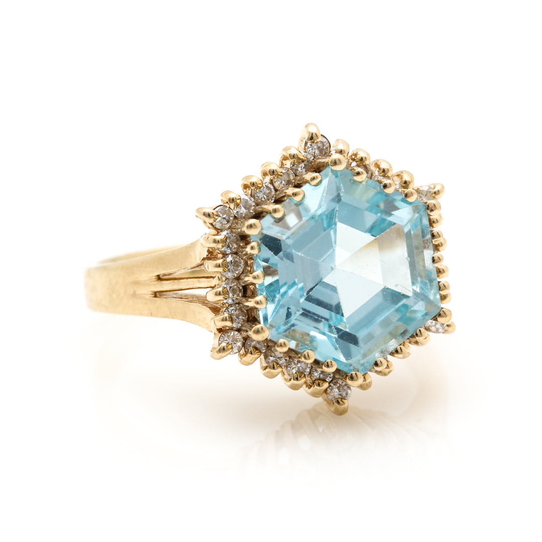 14K Yellow Gold Blue Topaz and Diamond Ring