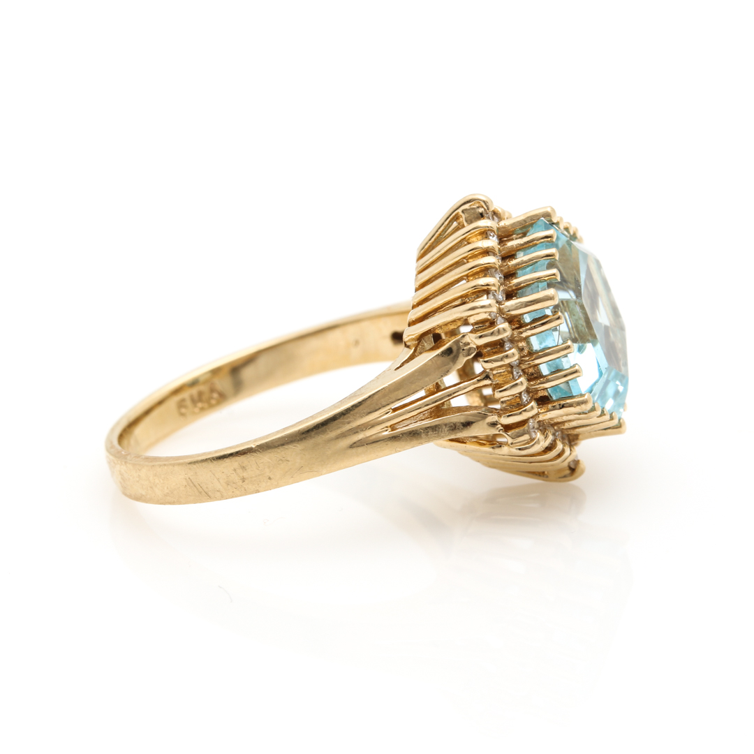 14K Yellow Gold Blue Topaz and Diamond Ring