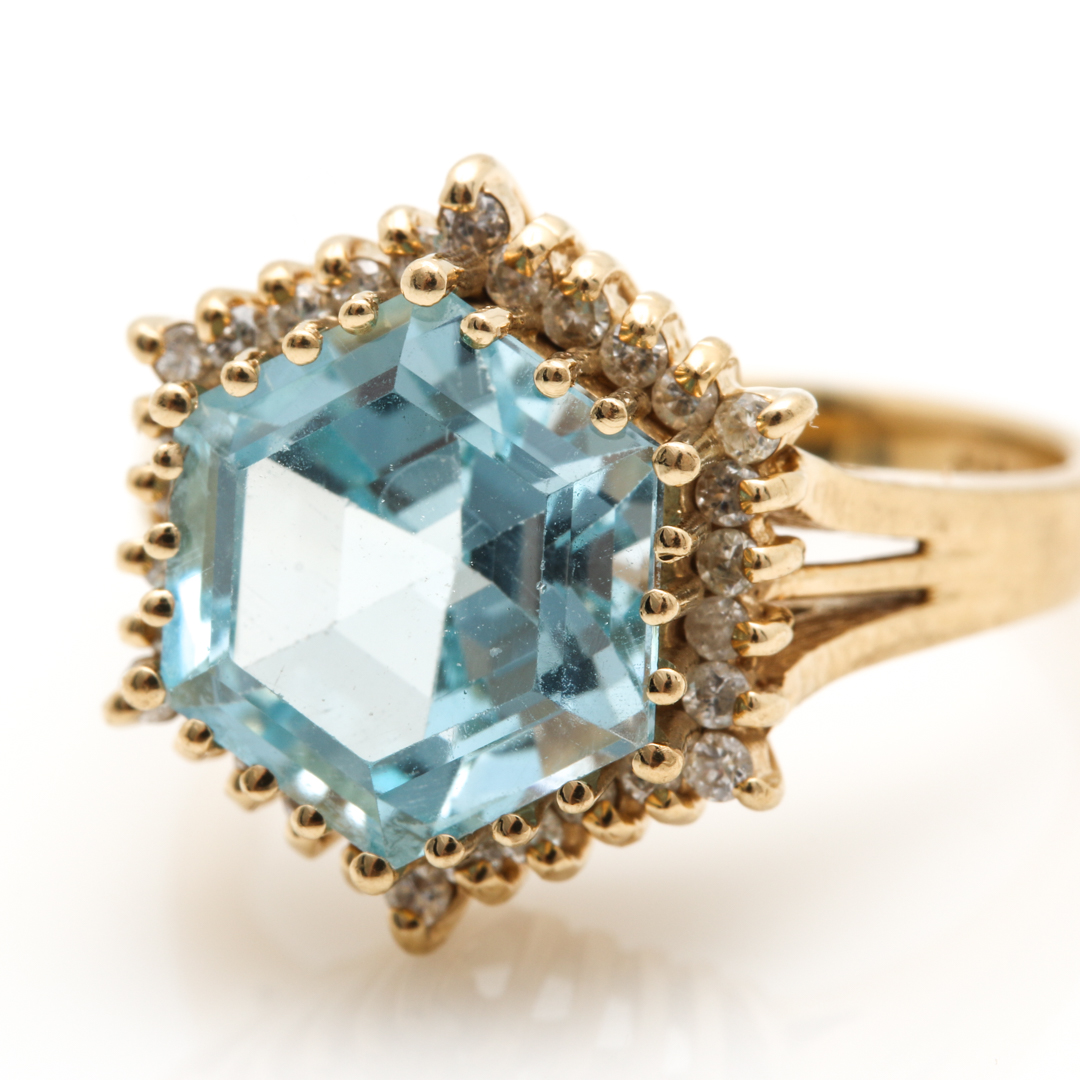 14K Yellow Gold Blue Topaz and Diamond Ring