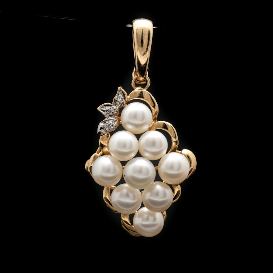 14K Yellow Gold Cultured Pearl and Diamond Pendant