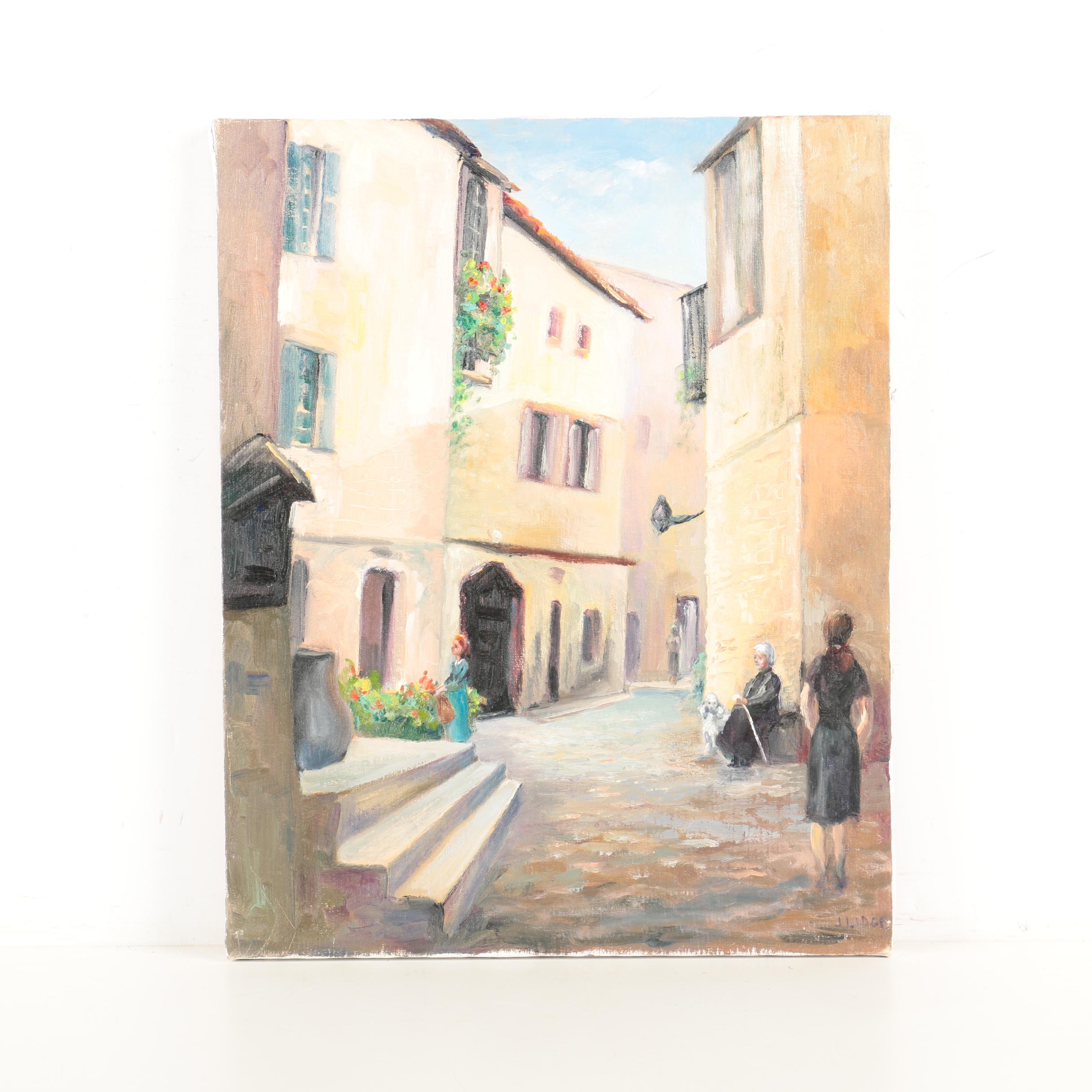J. Lidge Oil Painting on Canvas of Mediterranean Street Scene