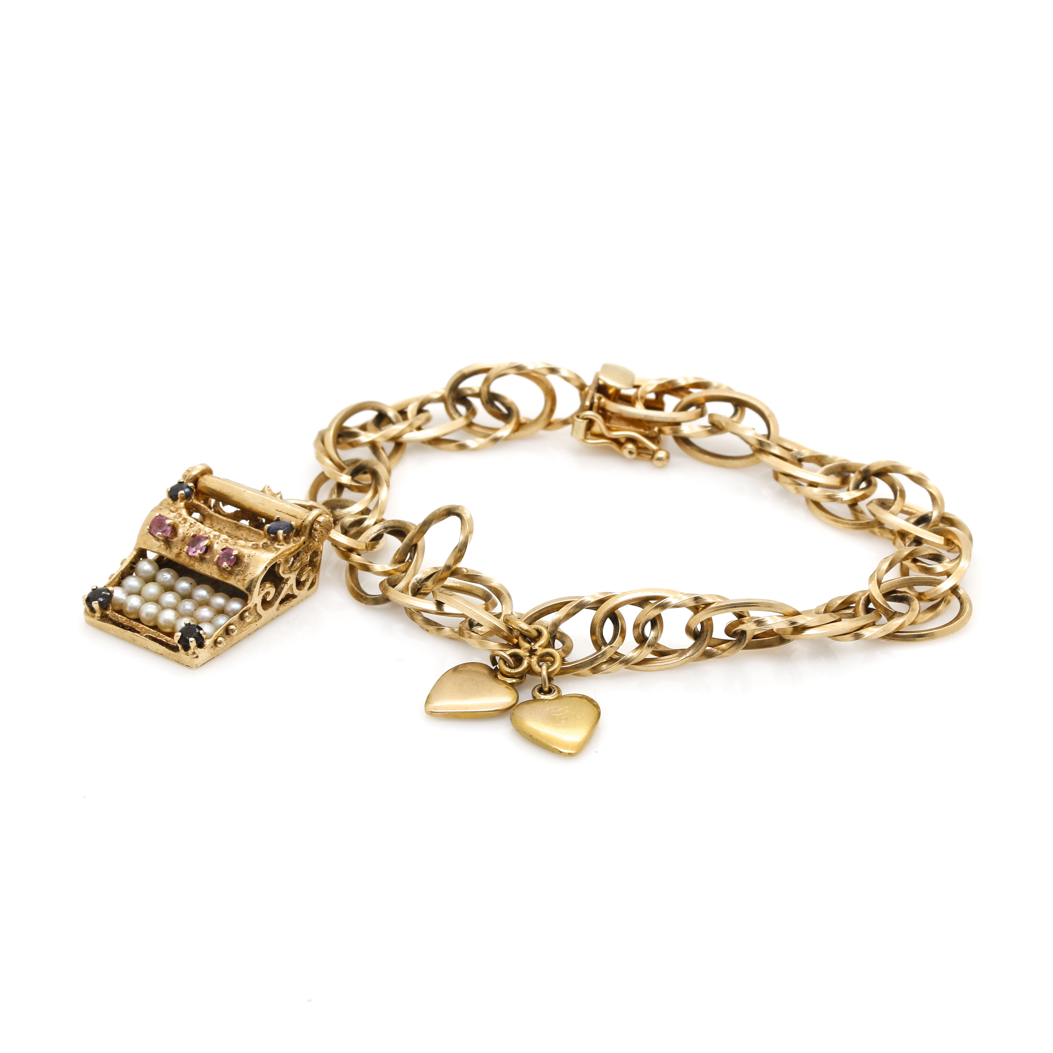 14K Yellow Gold Charm Bracelet With Cultured Pearl, Rubies and Sapphires