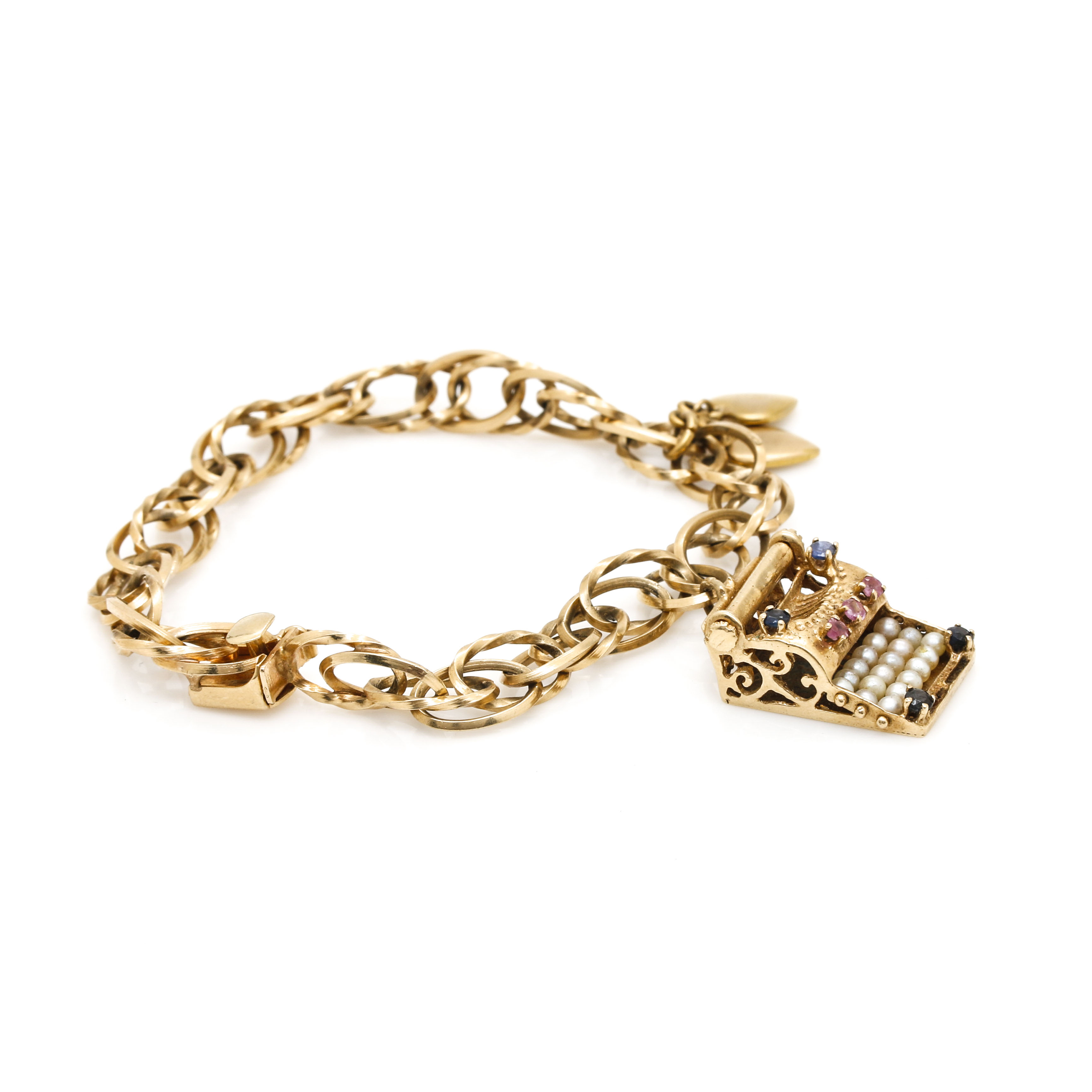 14K Yellow Gold Charm Bracelet With Cultured Pearl, Rubies and Sapphires