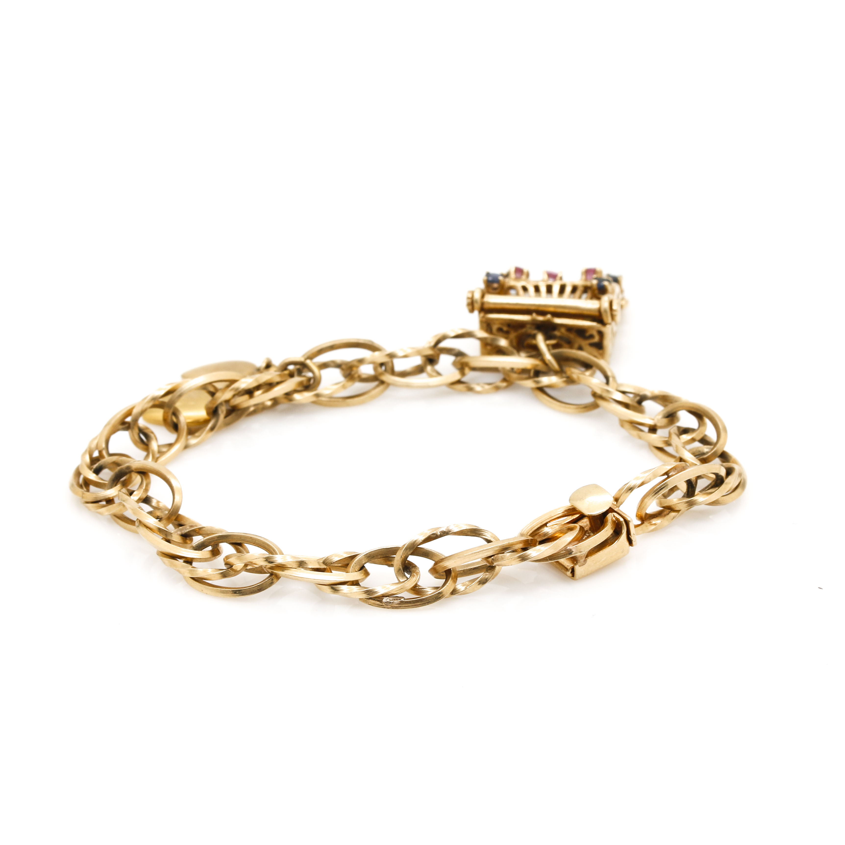 14K Yellow Gold Charm Bracelet With Cultured Pearl, Rubies and Sapphires