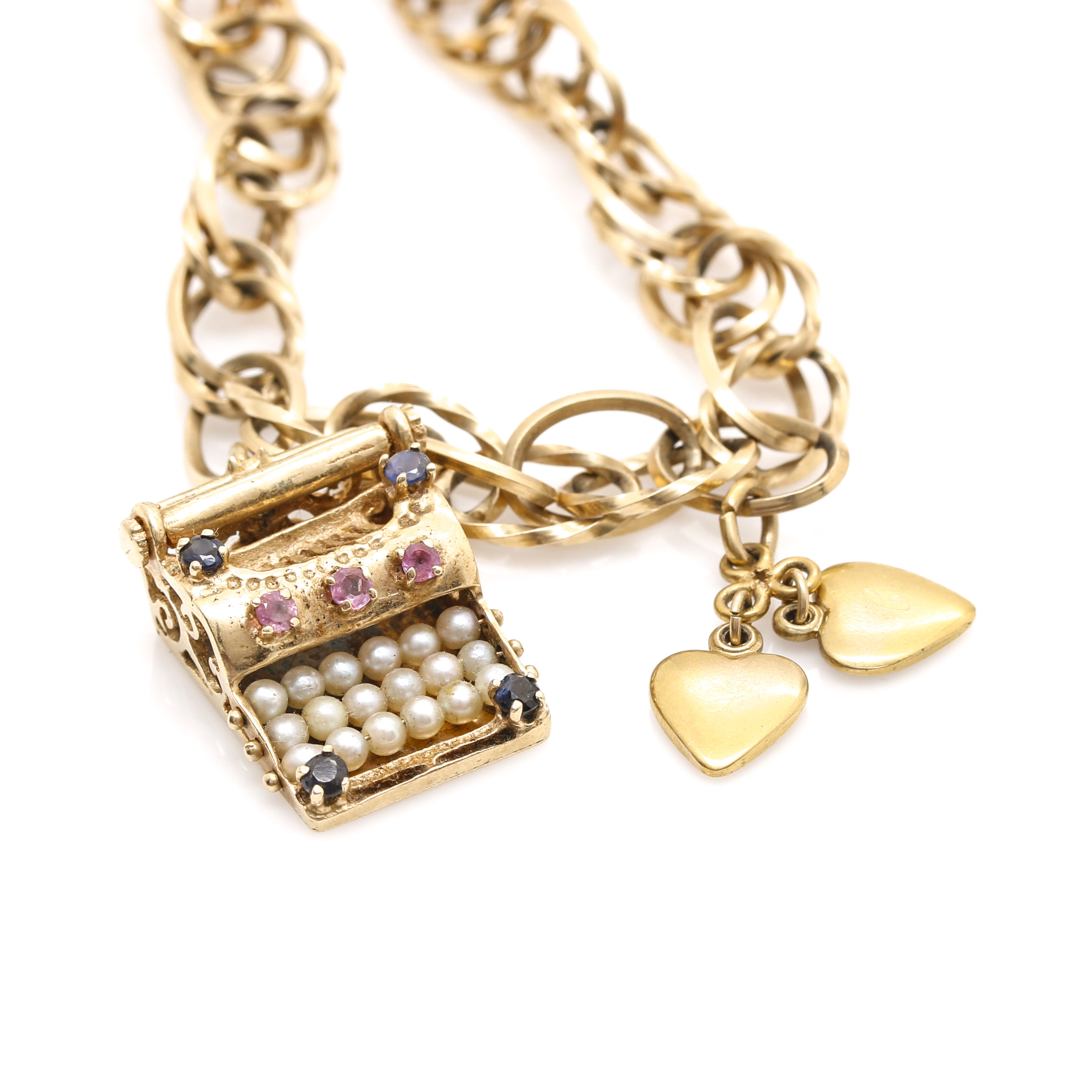 14K Yellow Gold Charm Bracelet With Cultured Pearl, Rubies and Sapphires
