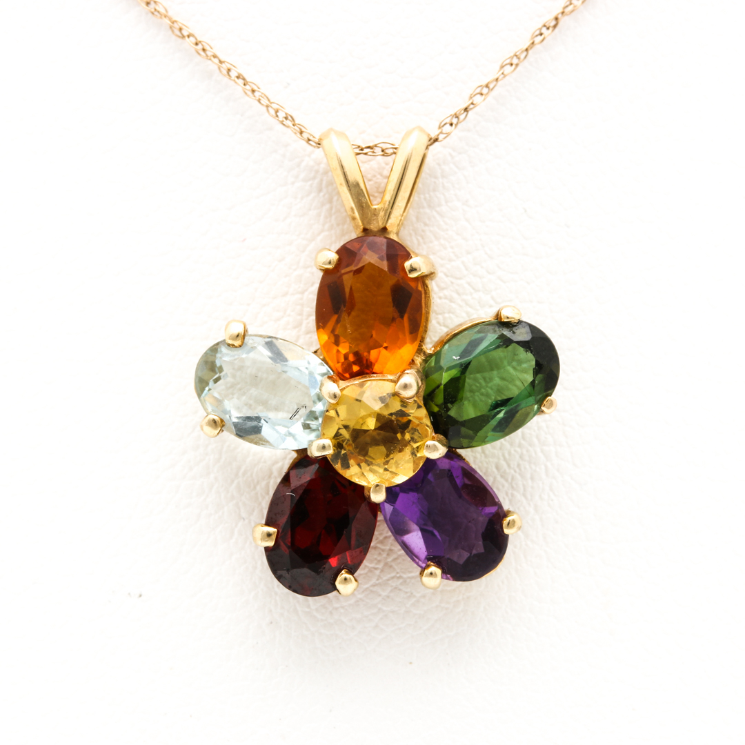 14K Yellow Gold Gemstone Flower Pendant Necklace