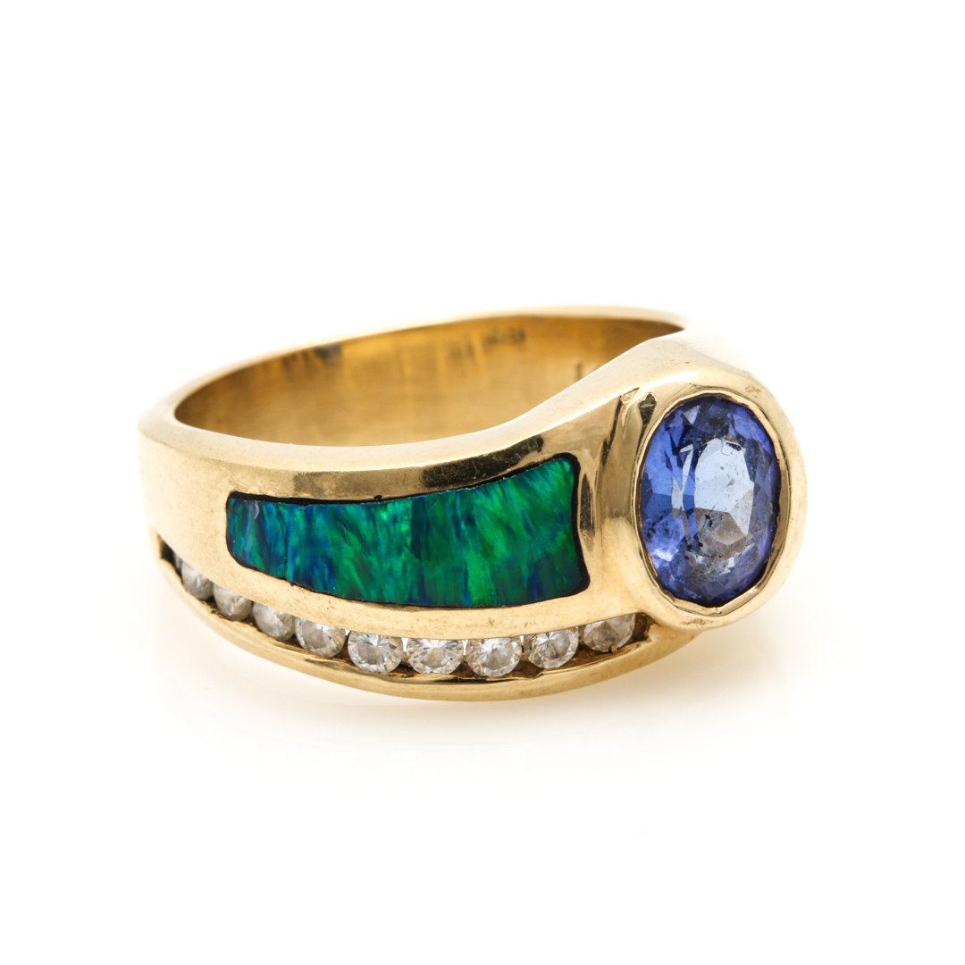 14K Yellow Gold Tanzanite, Black Opal and Diamond Ring
