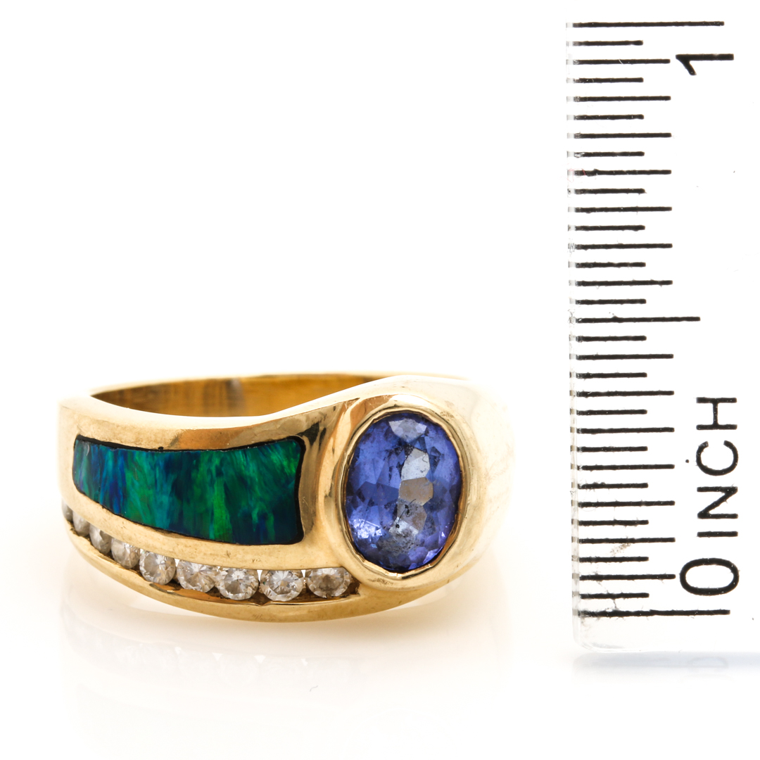 14K Yellow Gold Tanzanite, Black Opal and Diamond Ring