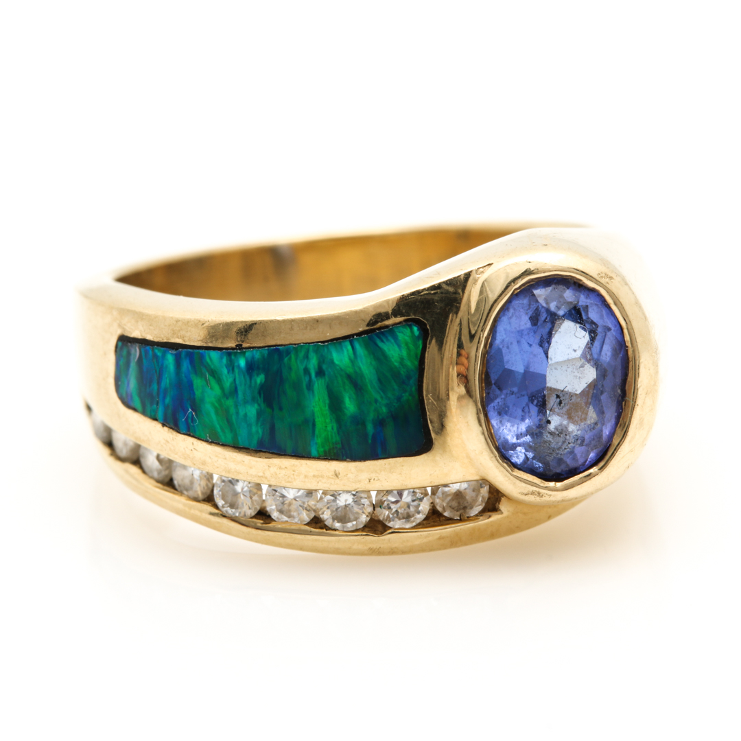 14K Yellow Gold Tanzanite, Black Opal and Diamond Ring