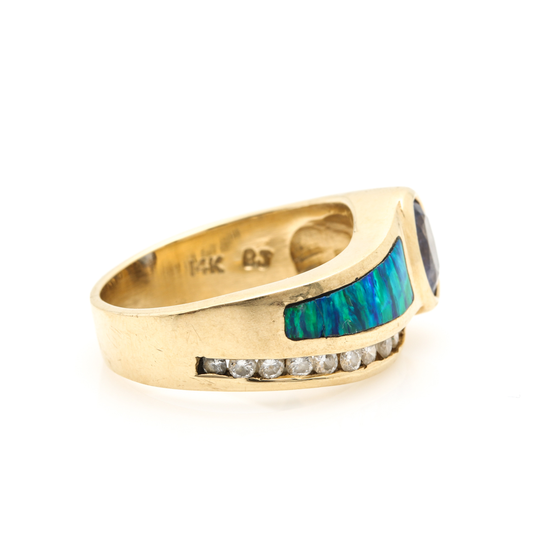 14K Yellow Gold Tanzanite, Black Opal and Diamond Ring