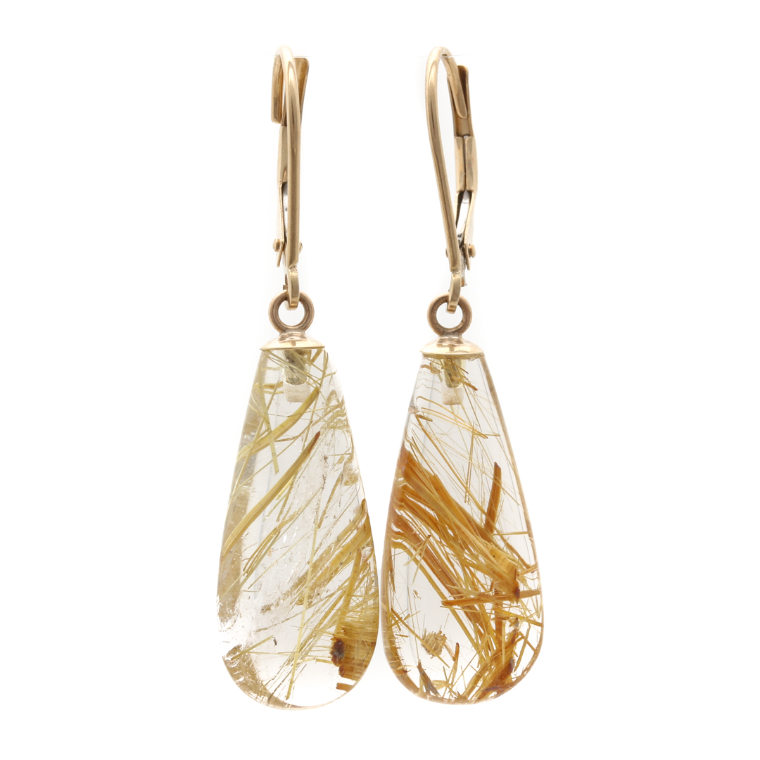 14K Yellow Gold Rutilated Quartz Dangle Earrings