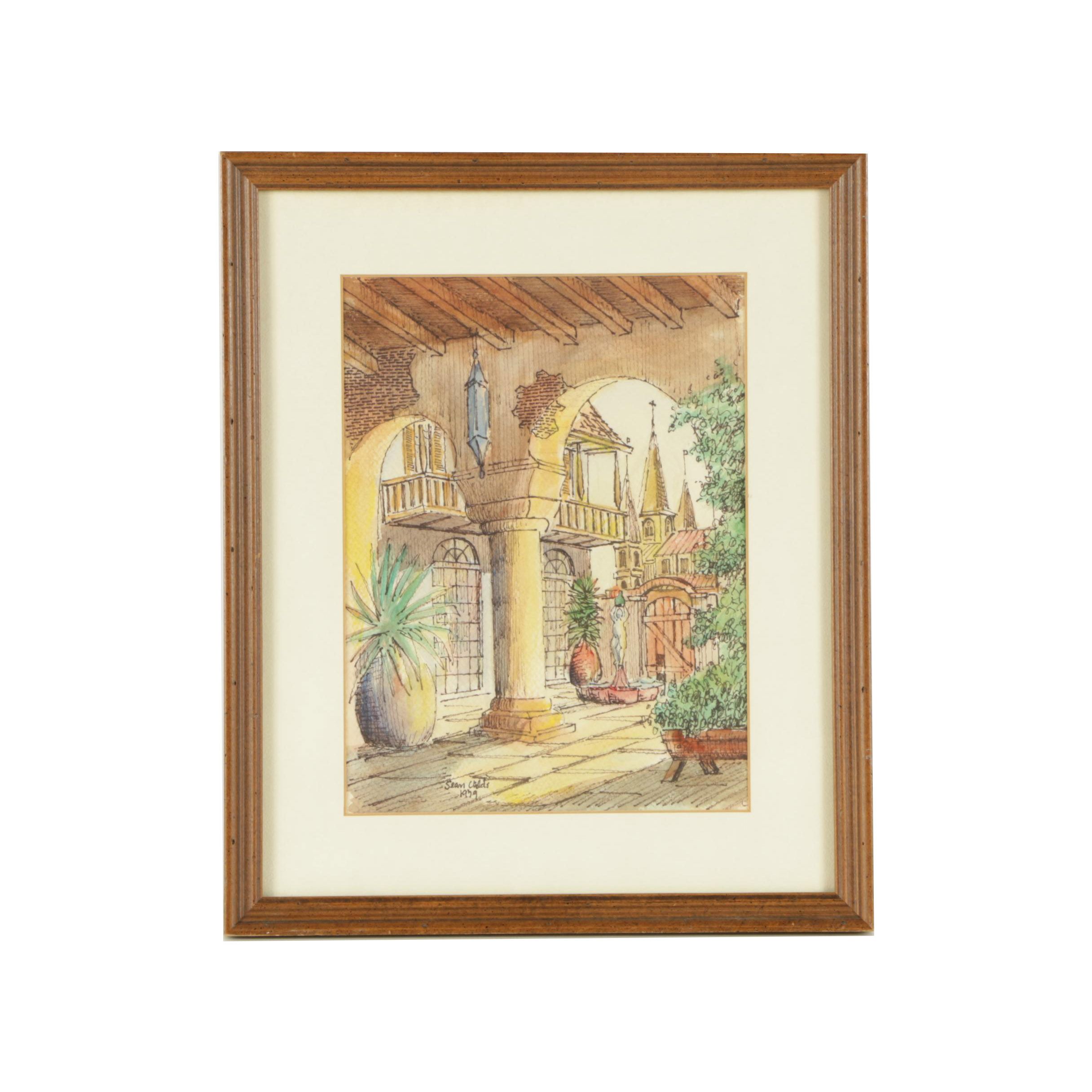 Sean Childs Watercolor Painting on Paper of Courtyard