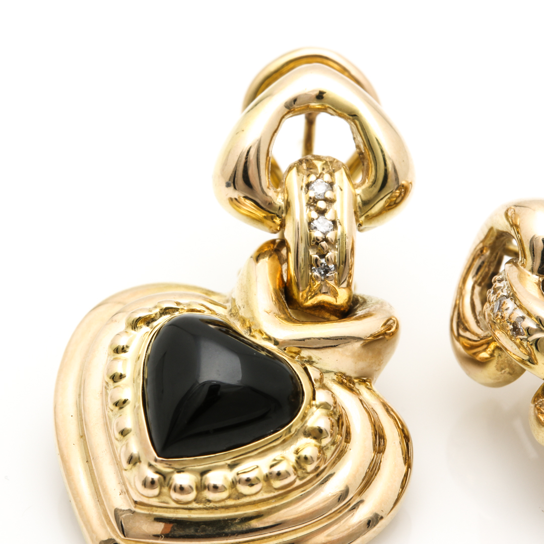 14K Yellow Gold Black Onyx and Diamond Heart Earrings