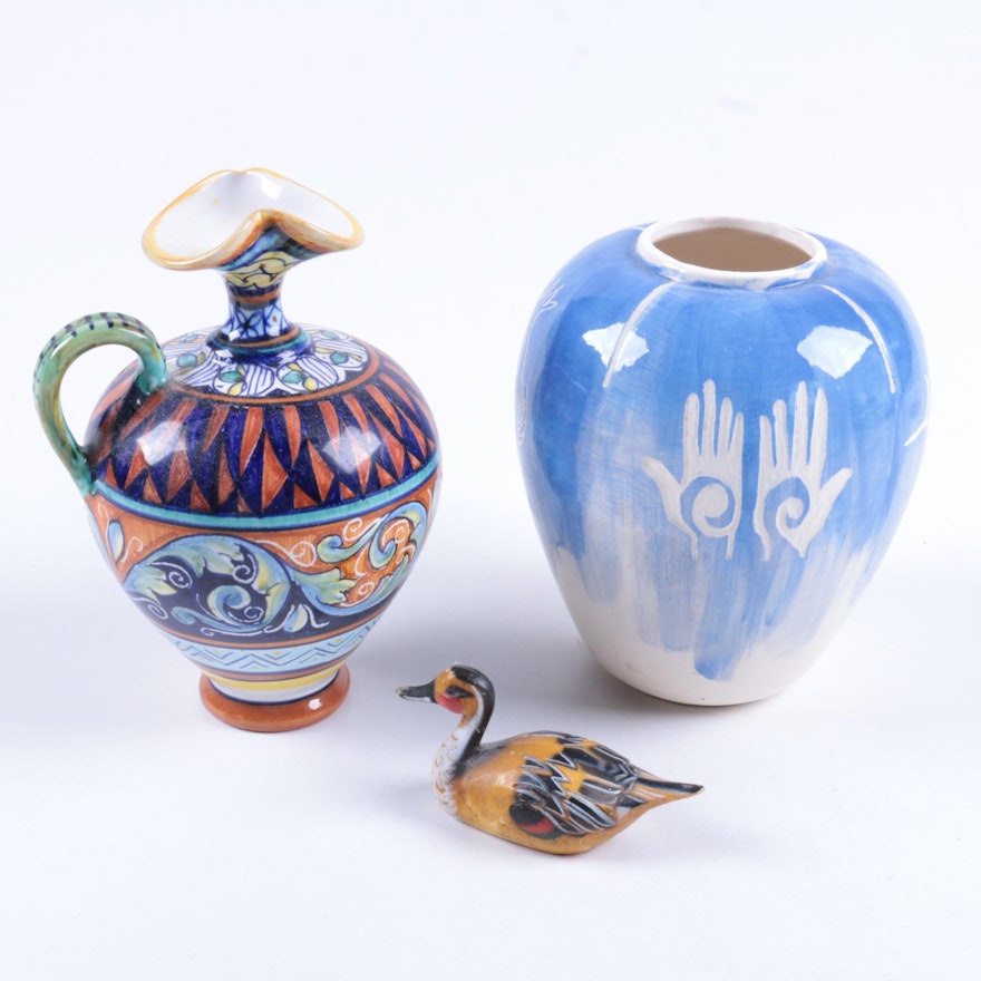 Ceramic Pitcher, Vase, and Resin Duck Figurine