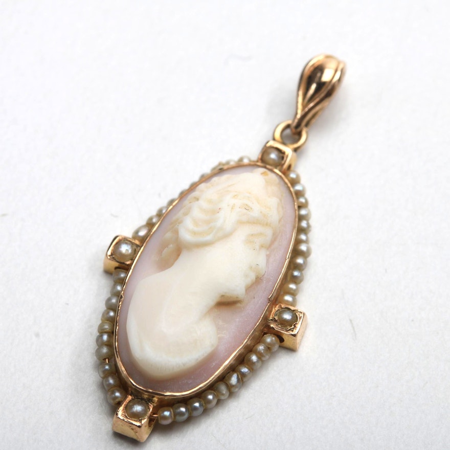 Victorian 10K Yellow Gold Carved Shell Cameo Pendant