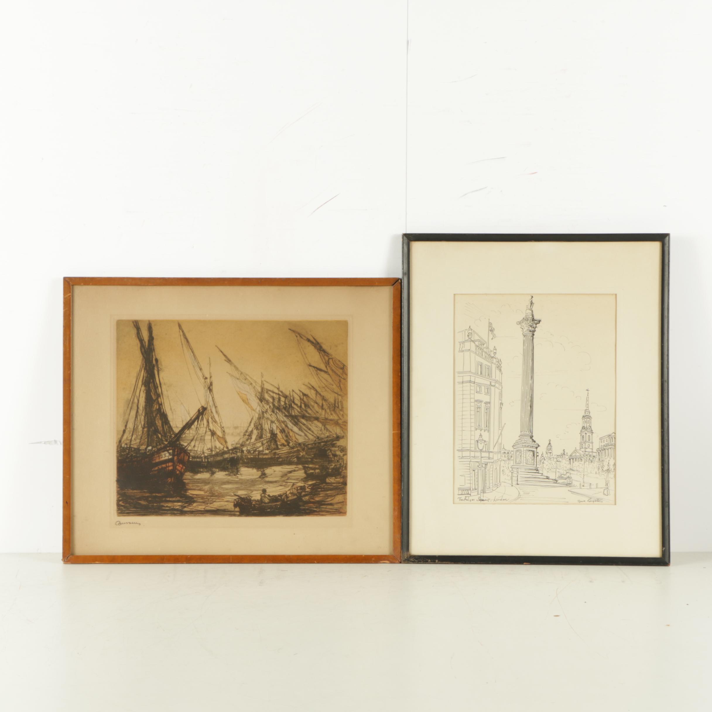 Drypoint Etching of Ships and Rowe Langston Ink Drawing