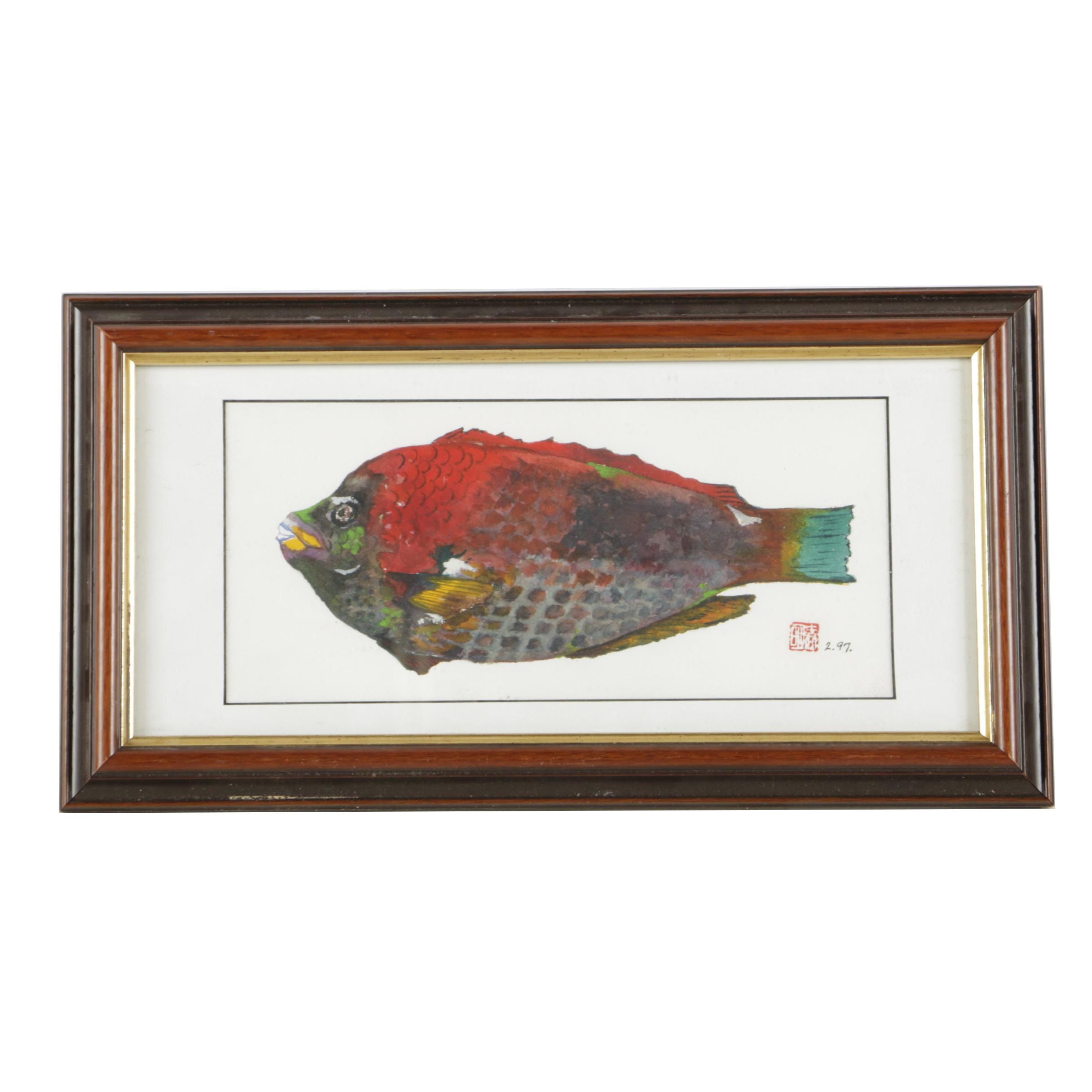 Tsun Ming Chmielinski Watercolor Painting on Paper of Multicolored Fish