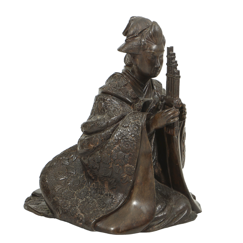 Japanese Bronze Kneeling Geisha Playing Reeded Instrument