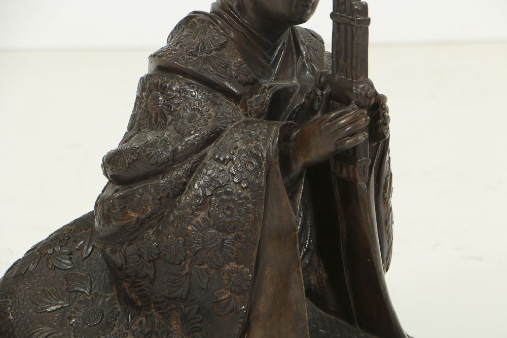 Japanese Bronze Kneeling Geisha Playing Reeded Instrument