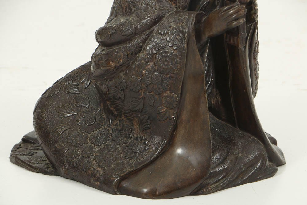 Japanese Bronze Kneeling Geisha Playing Reeded Instrument