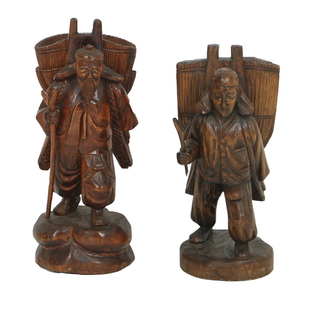 Asian Style Figural Wood Carvings of Basket Carriers