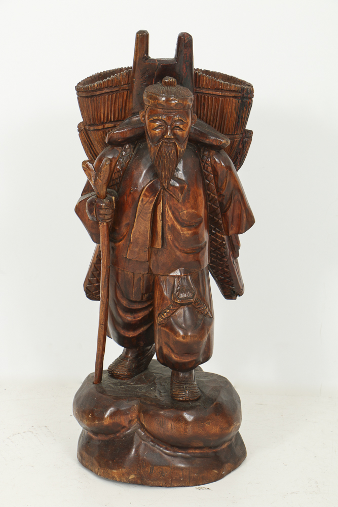 Asian Style Figural Wood Carvings of Basket Carriers