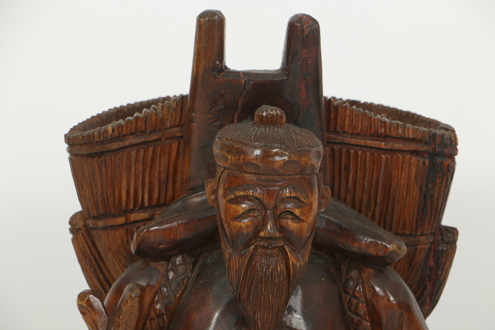 Asian Style Figural Wood Carvings of Basket Carriers