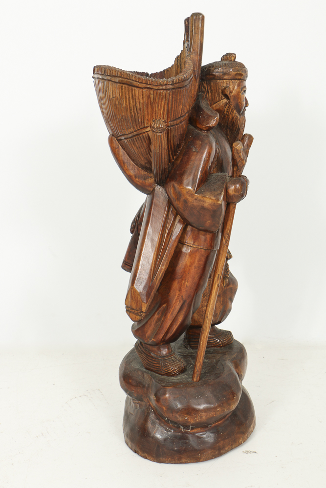 Asian Style Figural Wood Carvings of Basket Carriers