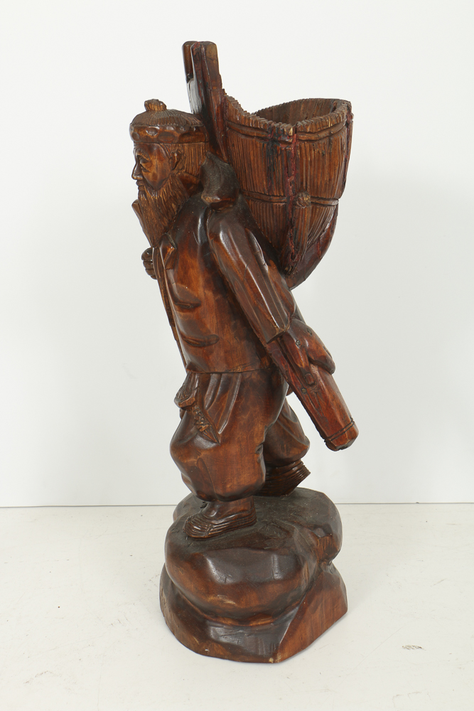 Asian Style Figural Wood Carvings of Basket Carriers