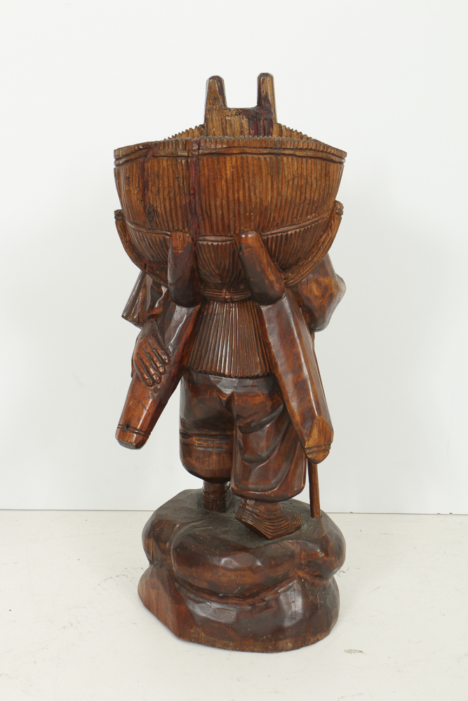 Asian Style Figural Wood Carvings of Basket Carriers