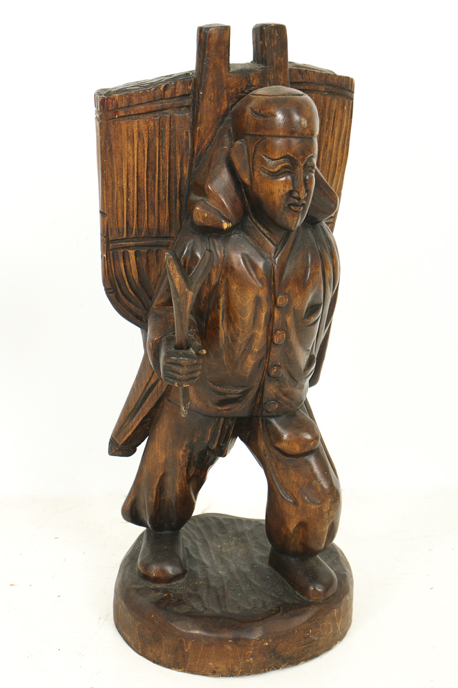 Asian Style Figural Wood Carvings of Basket Carriers