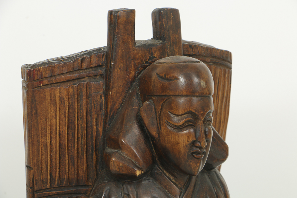 Asian Style Figural Wood Carvings of Basket Carriers