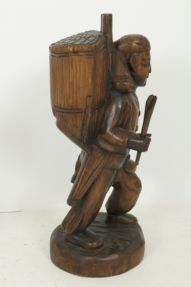 Asian Style Figural Wood Carvings of Basket Carriers