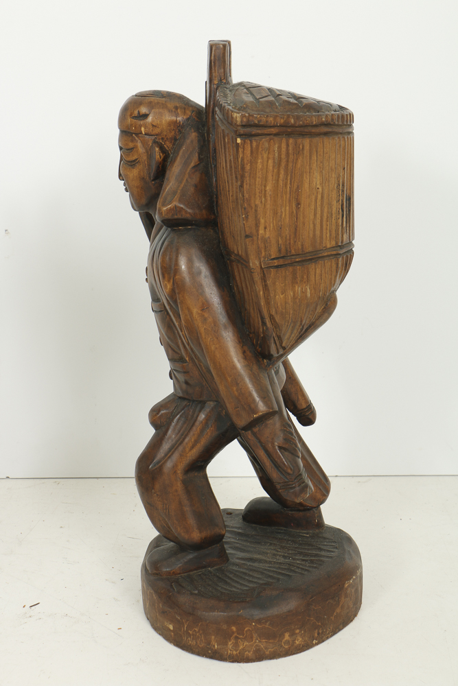 Asian Style Figural Wood Carvings of Basket Carriers