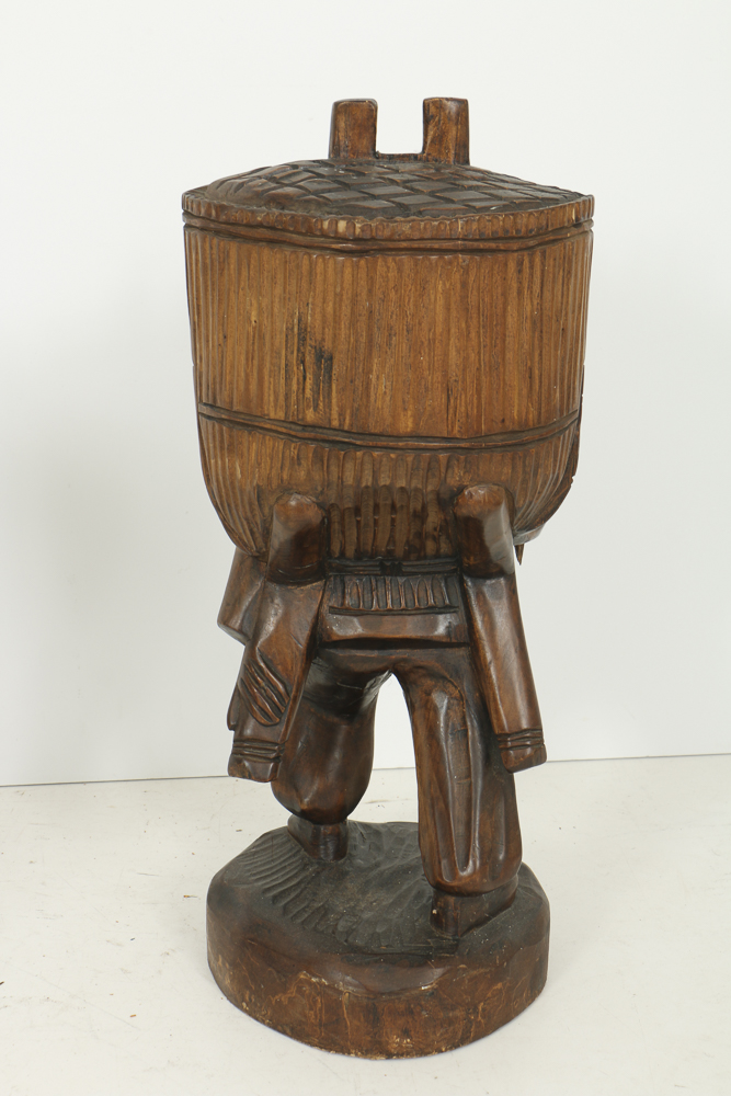 Asian Style Figural Wood Carvings of Basket Carriers