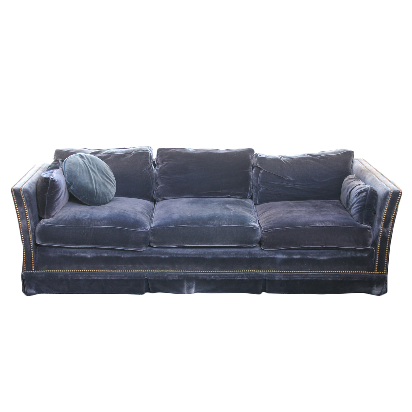 Vintage Navy Blue Velveteen Sofa with Rivet Detailing