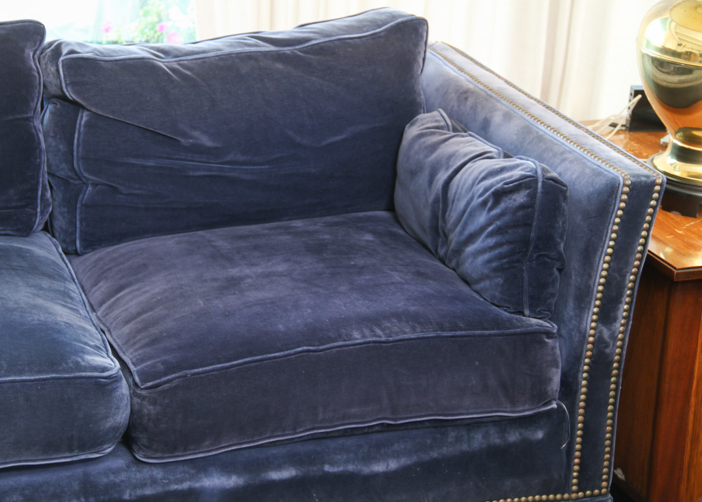 Vintage Navy Blue Velveteen Sofa with Rivet Detailing