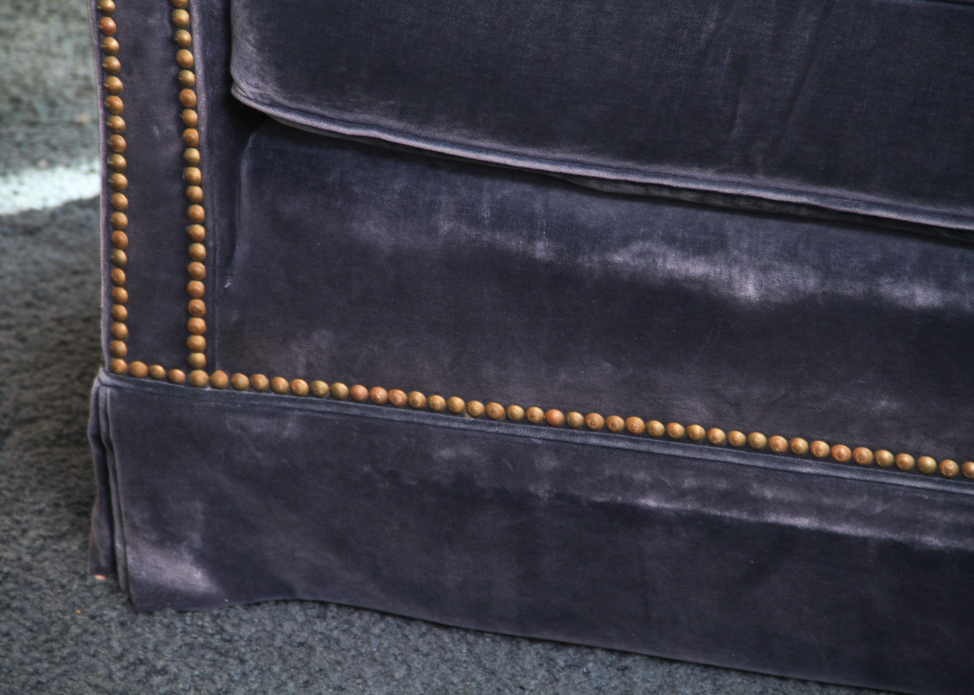 Vintage Navy Blue Velveteen Sofa with Rivet Detailing