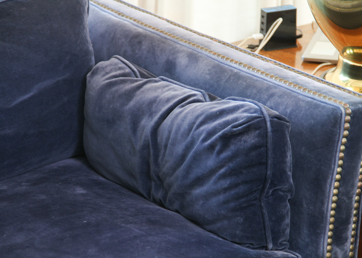Vintage Navy Blue Velveteen Sofa with Rivet Detailing