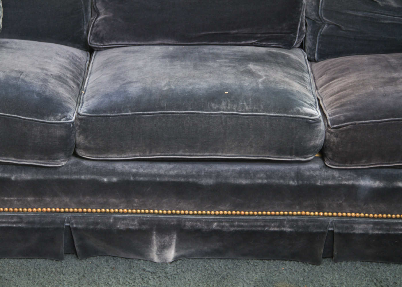 Vintage Navy Blue Velveteen Sofa with Rivet Detailing