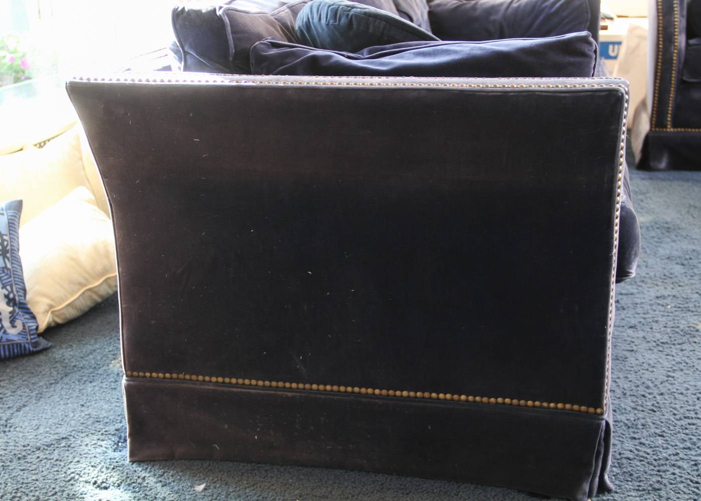 Vintage Navy Blue Velveteen Sofa with Rivet Detailing