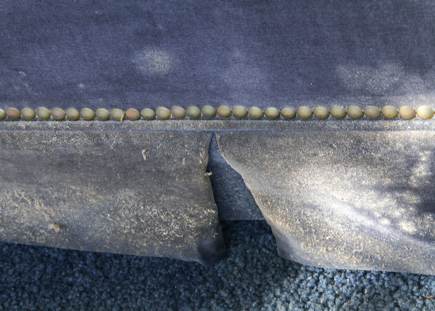 Vintage Navy Blue Velveteen Sofa with Rivet Detailing