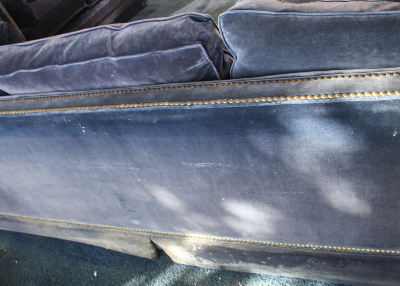 Vintage Navy Blue Velveteen Sofa with Rivet Detailing